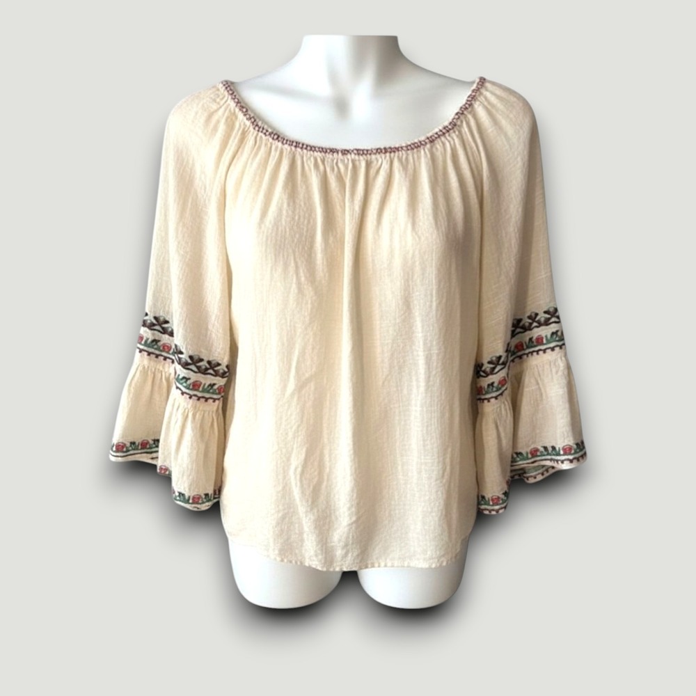Max Studio Womens Top Blouse Cream XL Embroid Boho‎ Chic Cottagecore Hippie
